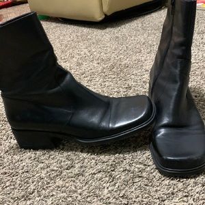 Black leather square toe boots
